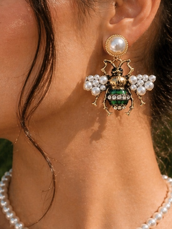Anthropologie Jewelry - Gold Bee Earrings with Green Enamel and White Pearls